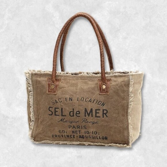 Myra Bag Sel De Mer Tote Bag Canvas Leather Frayed Edges Boho Brown/Cream W OS - Picture 1 of 14